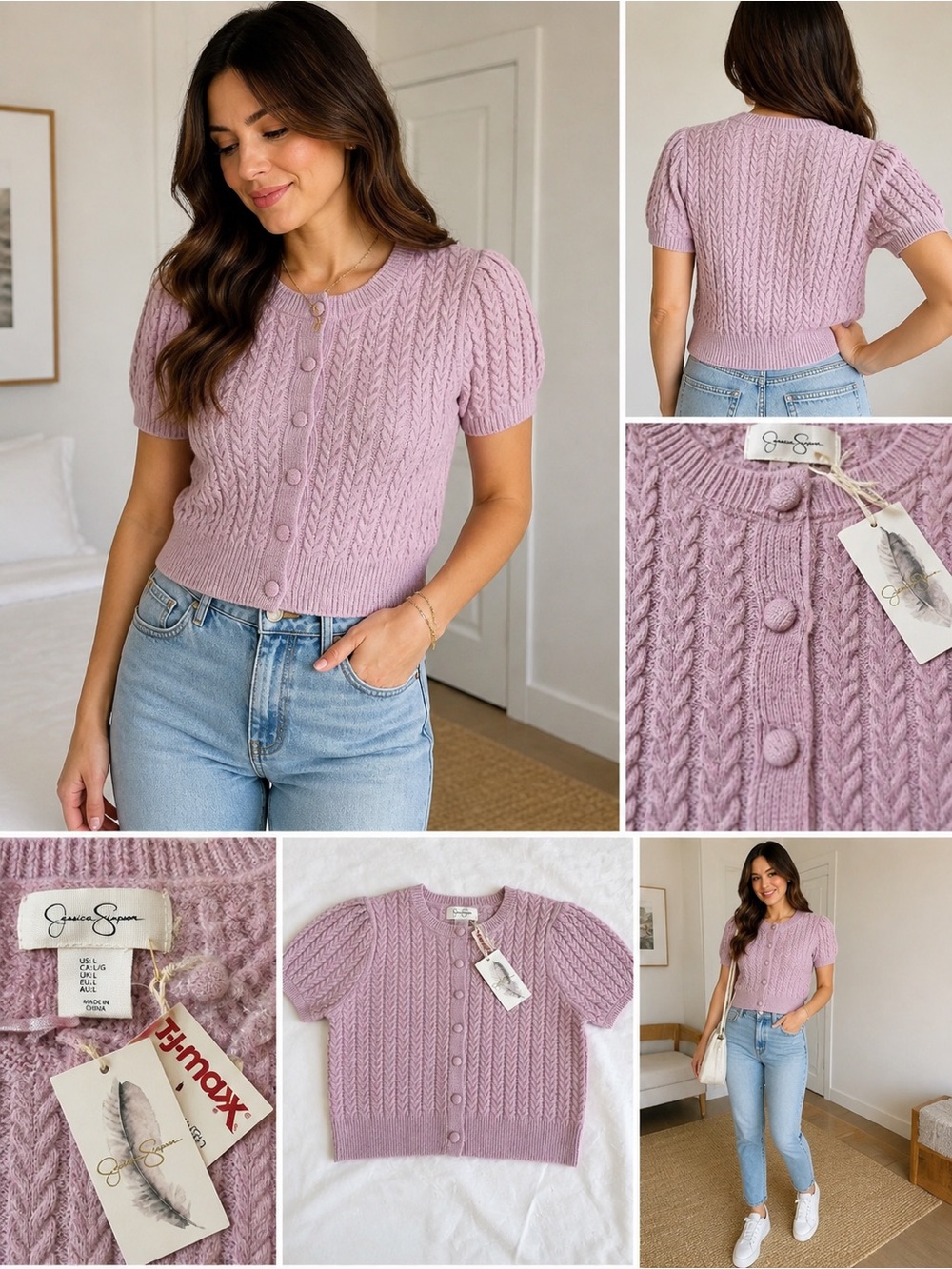 Jessica Simpson Dusty Lilac Cable Knit Short-Sleeve Cardigan